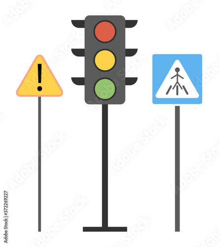 Symbolism of traffic signs. Traffic light, pedestrian crossing sign, zebra, special attention. Follow the rules of the road. Traffic Laws. Educational illustration for children in flat vector style.