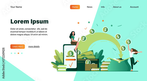 Stylized people sending payment and receiving money isolated flat vector illustration. Cartoon tiny woman with wallet and coins. Remittance, bank and financial transactions concept