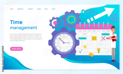 Landing page of time management web site. Young beautiful girl stands near the huge gears, planing calendar, arrow. Woman in white strict dress and high heels. Demonstration of time management symbols