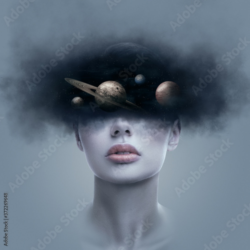 Fantasy art portrait of young woman with head in galaxy outer space