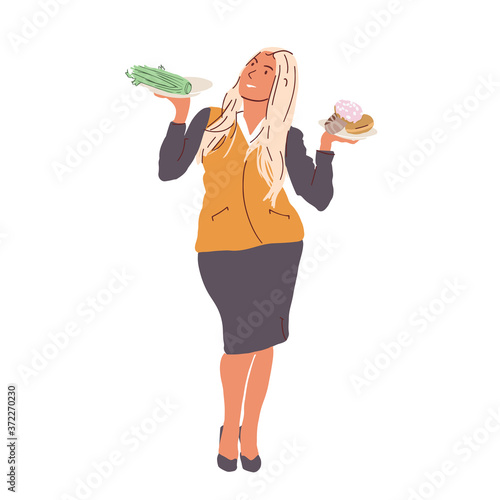 A young woman faces a choice. The girl chooses between a diet and sweet food. Diet food or sweet and fatty food thinks a woman. A woman doubts what to eat so as not to get fat