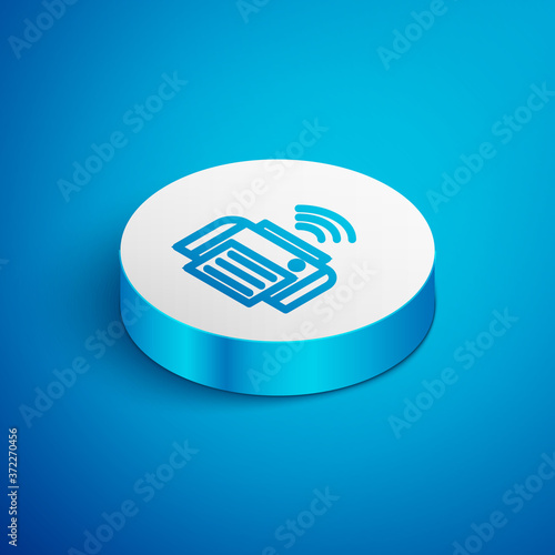Isometric line Smart printer system icon isolated on blue background. Internet of things concept with wireless connection. White circle button. Vector.