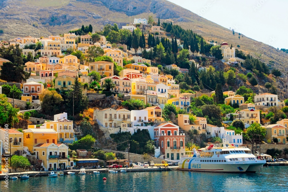 Greece, Symi island, houses in Yalos, the port of Symi.