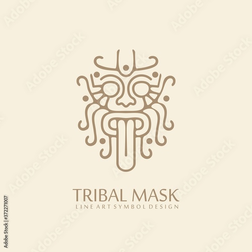 Myanmar tribal style line art symbol. Lion face logo design with stick out tongue. Traditional ancient tattoo drawing. Asian culture icon template.