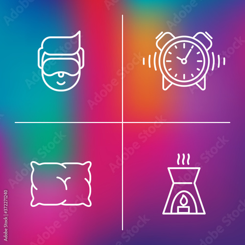 Insomnia and sleep thin line icons:. Man in sleeping mask, comfortable pillow, alarm and aroma lamp. Vector illustration.