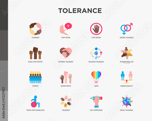Tolerance flat icons set: stop racism, gender equality, black lives matter, protest, human rights, LGBTQ, globalization, self-expression, stop hating. Vector illustration.