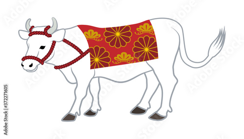 和風の衣装をつけた白牛 - 丑年年賀状素材