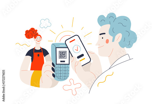 Business topics - payment. Flat style modern outlined vector concept illustration. A waitress holding a pos-terminal. A male customer paying with his phone, scanning QR code. Business metaphor.