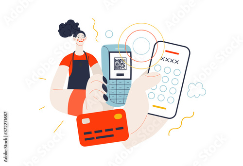 Business topics - payment. Flat style modern outlined vector concept illustration. A waitress holding a pos-terminal. A customer paying with his or her phone, entering a pin code. Business metaphor.