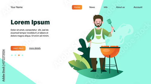 Man fried meat on nature flat vector illustration. Cartoon cook grilling steak and cooking fresh food or shashlik outdoors. Summer BBQ and picnic concept