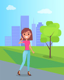 Young girl walks on hight hills in city park and speaks on the smartphone. Skyscrapers background. Talking by smartphone. Modern clothes style. Woman is posing. Flat vector cartoon illustration