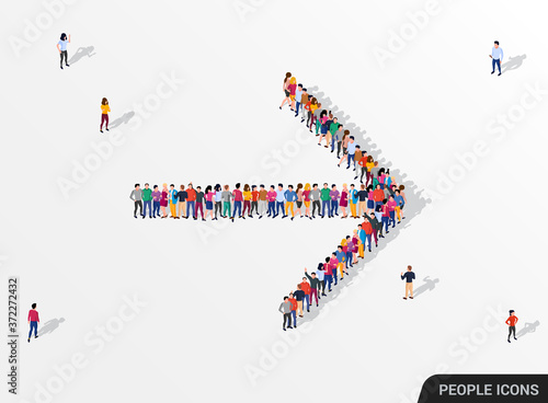 Big people crowd gathering in shape of arrow sign directed right or forward.