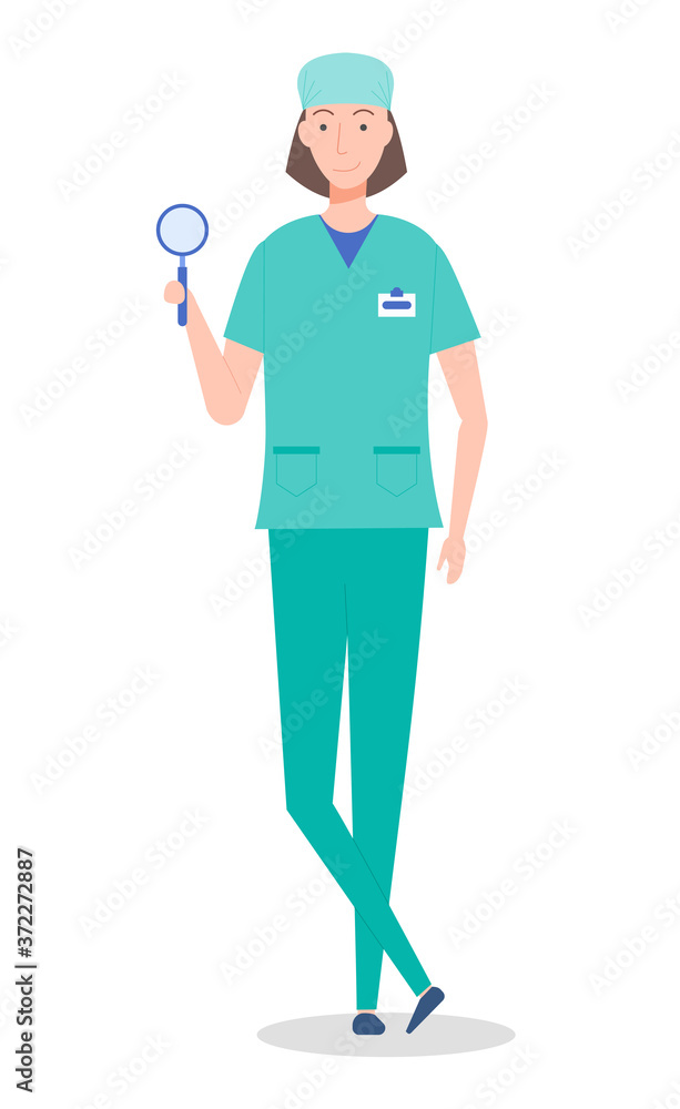 Female laboratory assistant or therapist stands and holds a magnifying glass, a magnifier. Medical scrub, face shield, latex gloves. Medical uniforms and laboratory equipment. Flat image on white