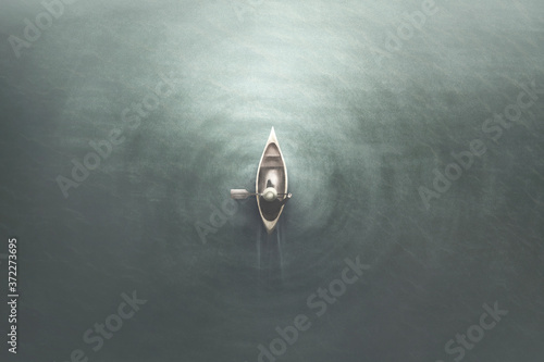 Canvastavla illustration of aerial view of man paddling on a canoe in the water, minimal sum