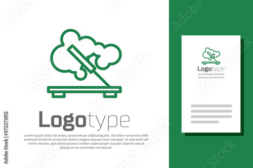Green line Scented spa stick on a wooden stand icon isolated on white background. Incense stick. Cosmetic procedure aromatherapy. Logo design template element. Vector.
