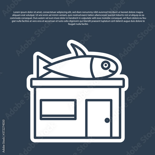 Blue line Seafood store icon isolated on blue background. Facade of seafood market. Vector..