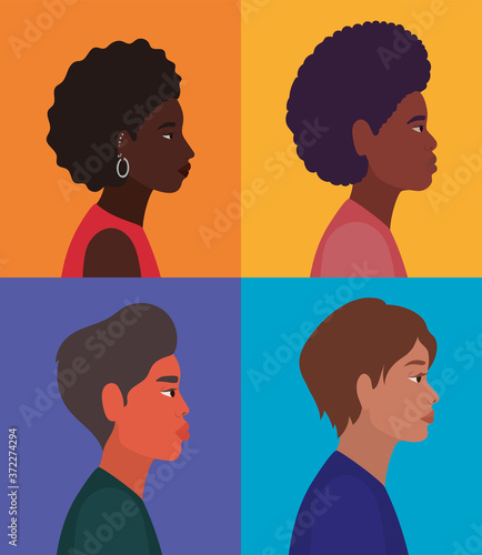 diversity black woman and men cartoons in multicolored frames background design, people multiethnic race and community theme Vector illustration