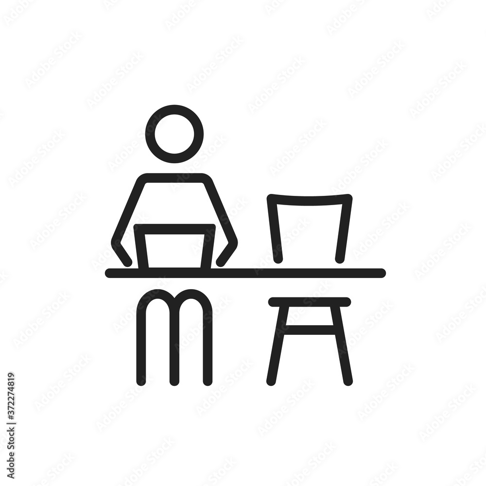 Remote work from home office line vector icon. Editable stroke symbol of man pictogram sitting at the desk with a laptop workstation at his own workspace in coworking or home. Internet job concept V4 Remote work from home office line vector icon. Editable stroke symbol of man pictogram sitting at the desk with a laptop workstation at his own workspace in coworking or home. Internet job concept V4