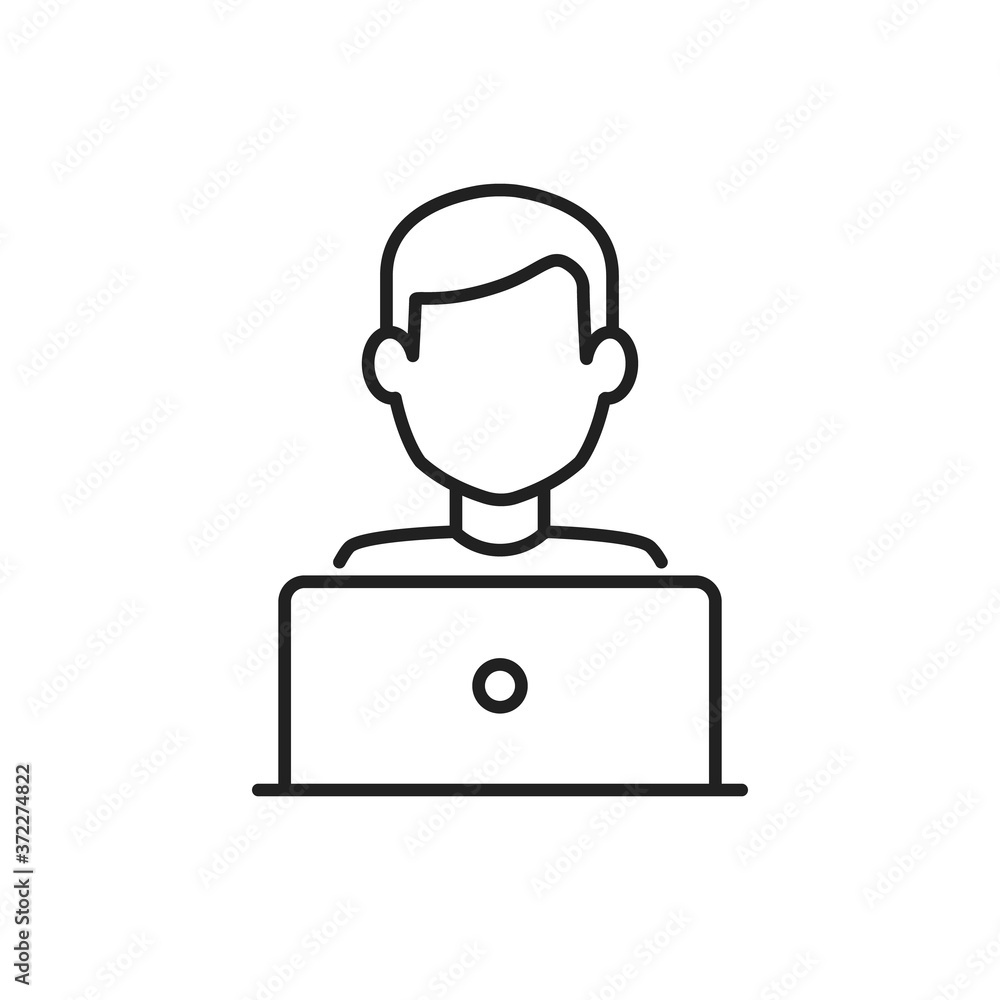 Blogger or user with laptop computer on remote work from home office line vector icon. Editable stroke symbol of a person at the desk with a workstation at his own workspace in coworking or home V1