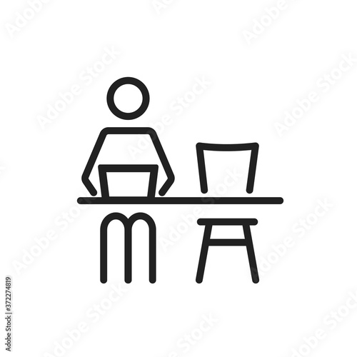 Remote work from home office line vector icon. Editable stroke symbol of man pictogram sitting at the desk with a laptop workstation at his own workspace in coworking or home. Internet job concept V4