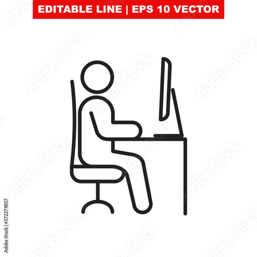 Remote work from home office line vector icon. Editable stroke symbol of man pictogram sitting at the desk with a computer workstation at his own workspace at coworking or home.Internet job concept V1