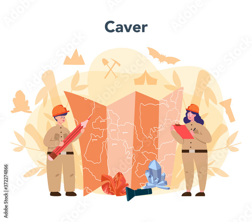 Speleologist concept. Scientst exploring deep cave with