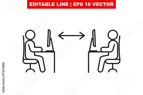 Two stroke style employee sitting on chair and working at the work desk on a computer in office or coworking with safety social distance to prevent covid19 infection. Safe distance icon with arrow V1