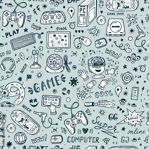 Gadget icons Vector Seamless pattern. Hand Drawn Doodle Computer Game items. Video Games Background
