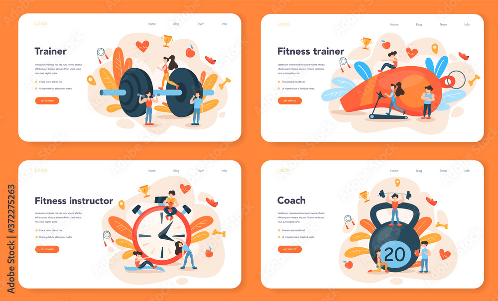 Fitness trainer web banner or landing page set. Workout in the gym