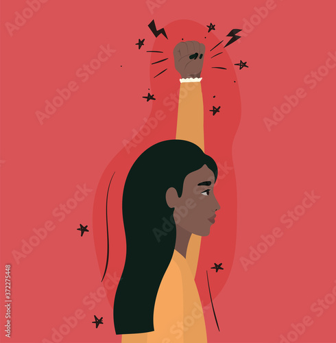 indian woman cartoon with fist up in side view design, Manifestation protest and demonstration theme Vector illustration