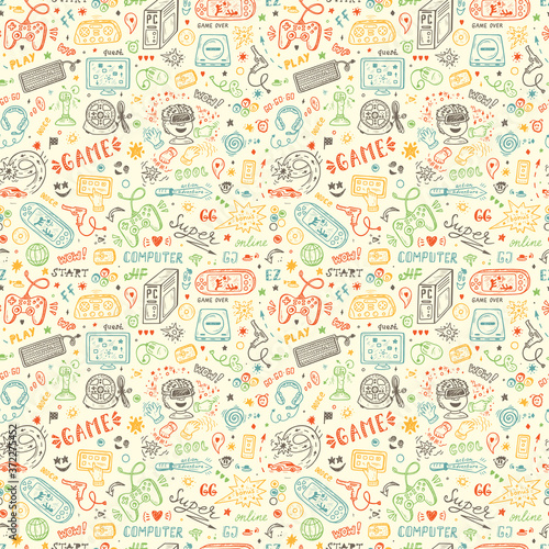 Gadget icons Vector Seamless pattern. Hand Drawn Doodle Computer Game items. Video Games Background
