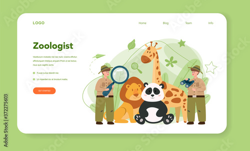 Zoologist web banner or landing page. Scientist exploring and studying