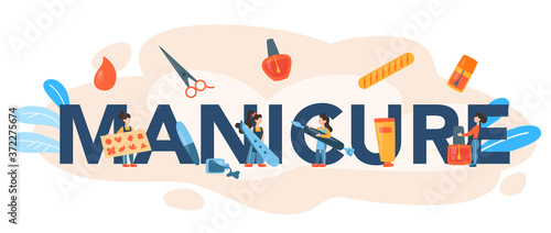 Manicure service typographic header. Beauty salon worker. Nail