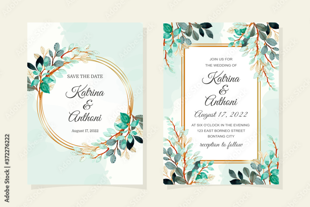 Wedding invitation card with watercolor green leaves