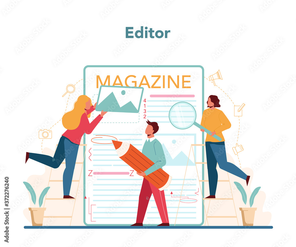 Magazine editor concept. Journalist and designer working