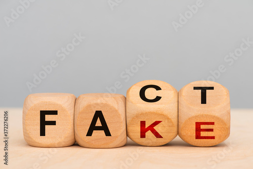 fact and fake printed on wooden cubes photo