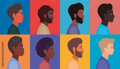 diversity men cartoons in multicolored frames background design, people multiethnic race and community theme Vector illustration