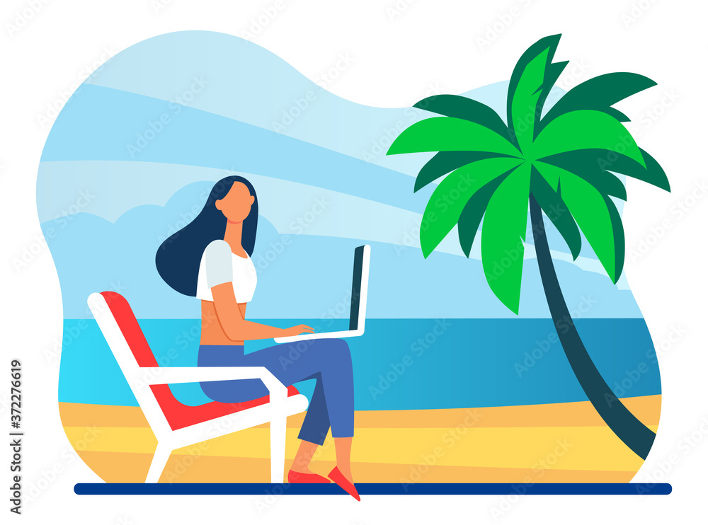 Fototapeta premium Female freelancer working via laptop on sea beach. Recreation, job, vacation flat vector illustration. Freelance and digital technology concept for banner, website design or landing web page