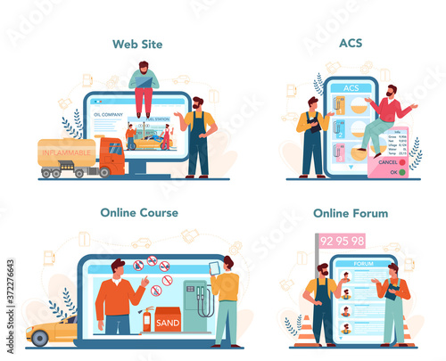 Gas station worker or refueler online service or platform set.