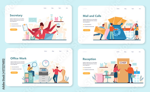Secretary web banner or landing page set. Receptionist answering