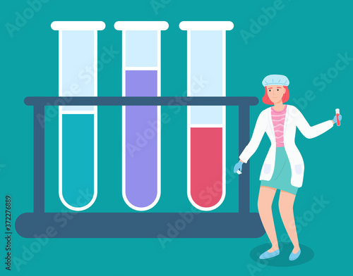 The concept of online diagnostics. Equipment for chemical test. Laboratory assistant on the background of test tubes. Flasks filled different colors liquids illustration. Laboratory glassware