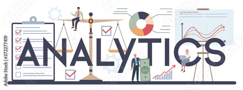 Analytics typographic header. Business character making financial