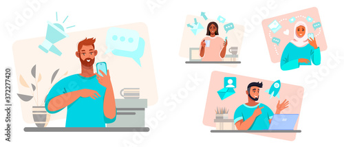 Group chat illustration set with multi-national men and women, smartphones, laptop. Virtual meeting and teamwork collection with freelancers and home office workplaces. Group chat concept isolated