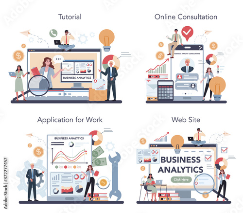 Financial analyst online service or platform set. Business character