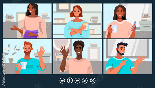 Virtual meeting illustration with young diverse people and home office workplaces. Video call or conference concept with men and women freelancers communicating online. Virtual meeting vector banner