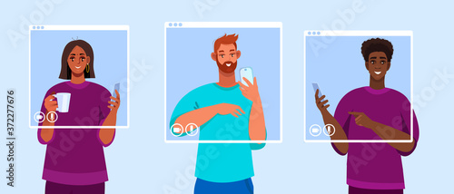 Virtual meeting illustration with diverse people, smartphones, screens. Video call and conference vector banner with men and woman. Online teamwork concept. Virtual meeting background in flat style