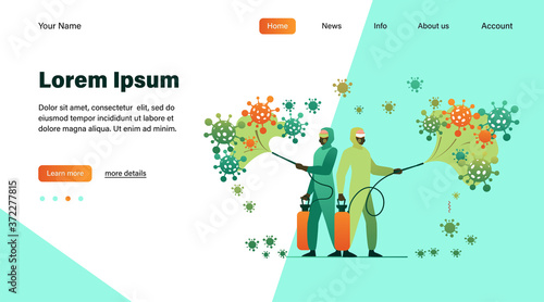 Sanitary workers in protective suits spreading chemicals on virus and disinfecting surface. Vector illustration for coronavirus epidemic, bio hazard, disinfection concept