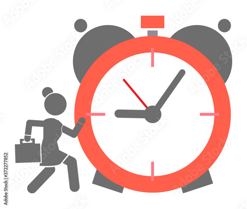 Big alarm clock icon with running business woman. Hurry up or time running out concept. Business lady with diplomat or case lating at work. Businessperson run at business meeting. Time-limit, deadline