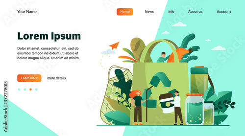 People packing organic food into eco bag, sorting plastic waste for recycling. Vector illustration for eco friendly shopping, sustainable development, environment care concept