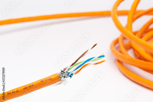 Abisoliertes Ethernet Kabel mit verdrillten Drähten, mit weissem Hintergrund photo